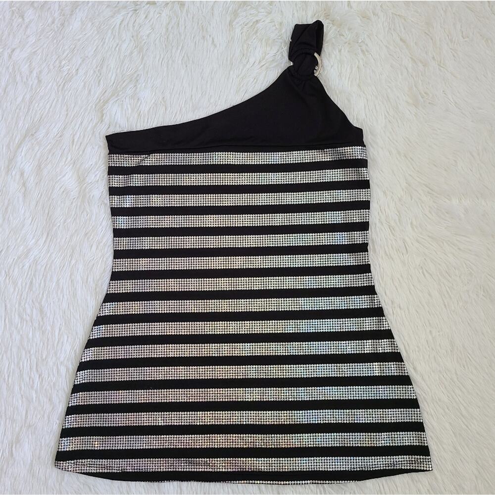Egen Y2K Black And Silver One Shoulder Blouse SZ M - Picture 5 of 8